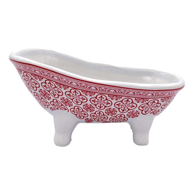 Porte savon en céramique en forme de baignoire avec motifs de fleurs de lys rouges