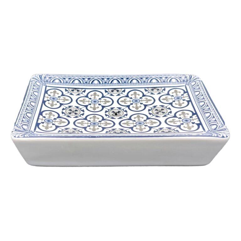 Porte savon céramique motifs fleurs de lys bleues